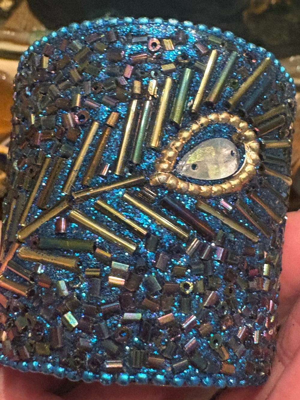 NIB Set of 2 blue peacock hand-beaded votive holders